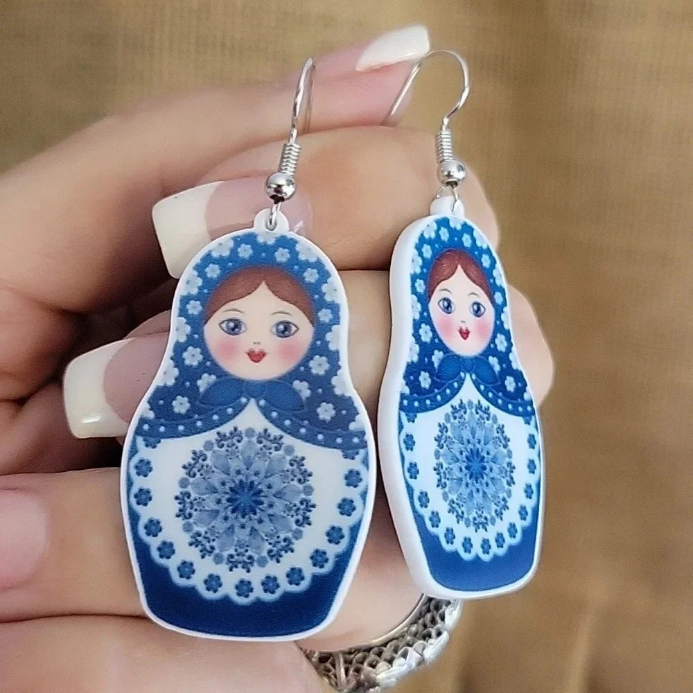 Matryoshka Drop Earrings, blue